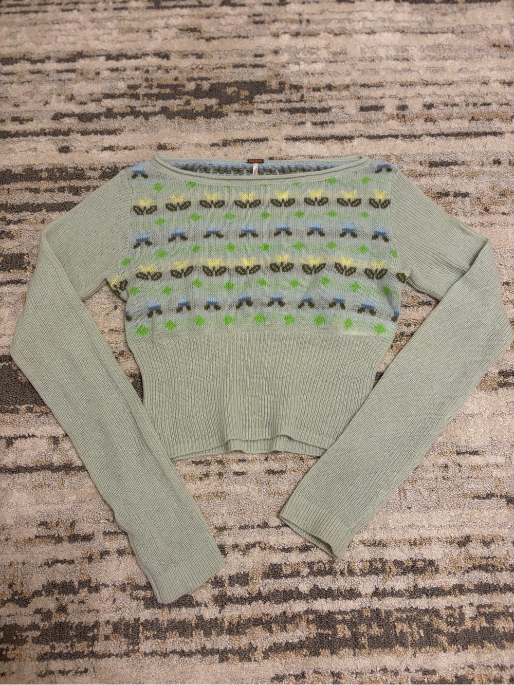 Free People | Light Sage Green Knit Sweater with Fair Isle Detail size S